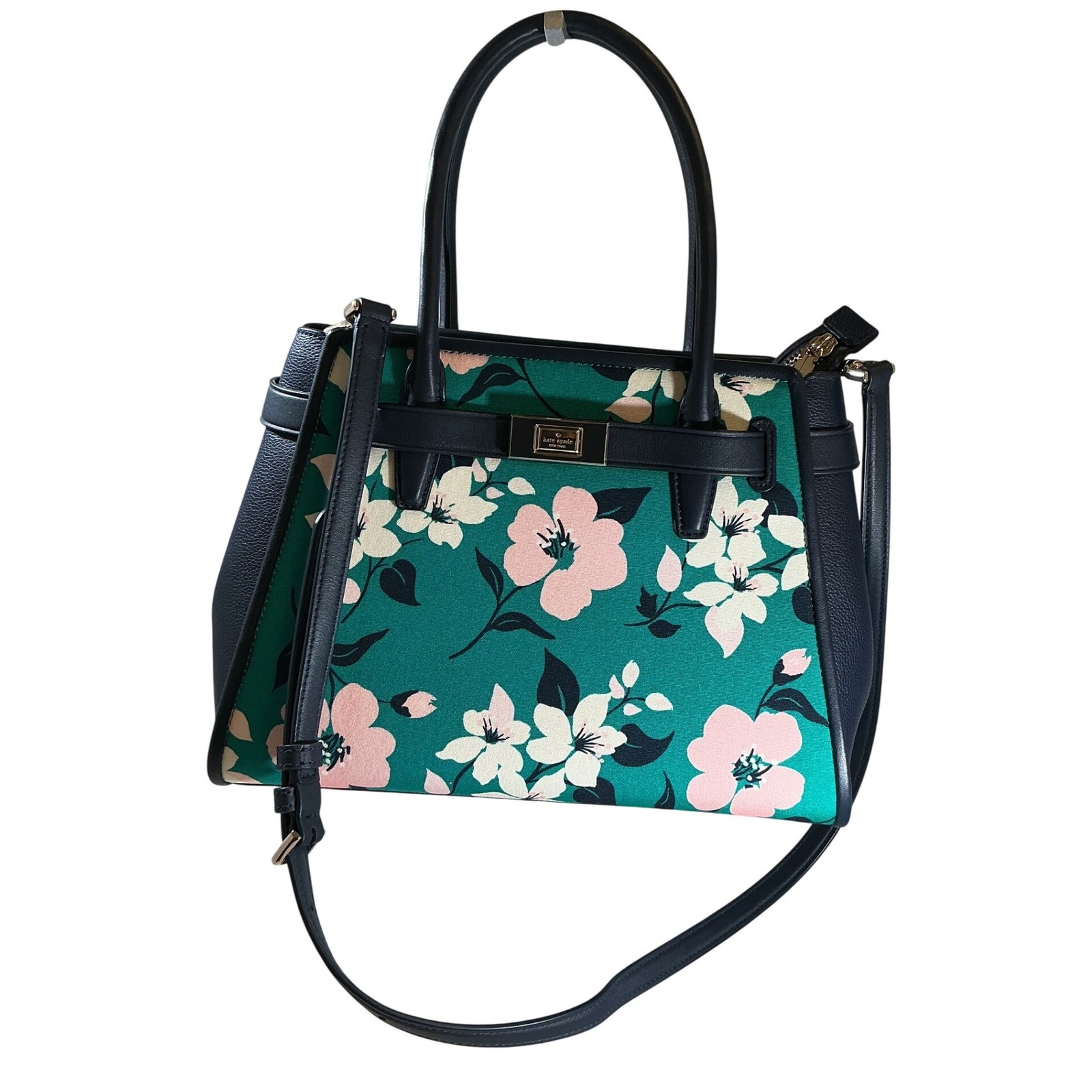 Kate Spade Lucia Lily Blooms Medium Canvas Satchel Navy Leather Trim Handbag